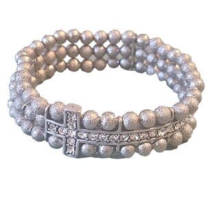Small Beaded Cross Stretch Bracelet Religious Silver-tone Faith Crystal